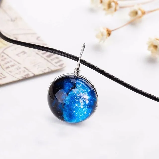 2017 Duplex Planet Crystal Stars Ball Glass Galaxy Pattern Leather Chain Pendants Maxi Necklace Glass Galaxy Lovely Necklace