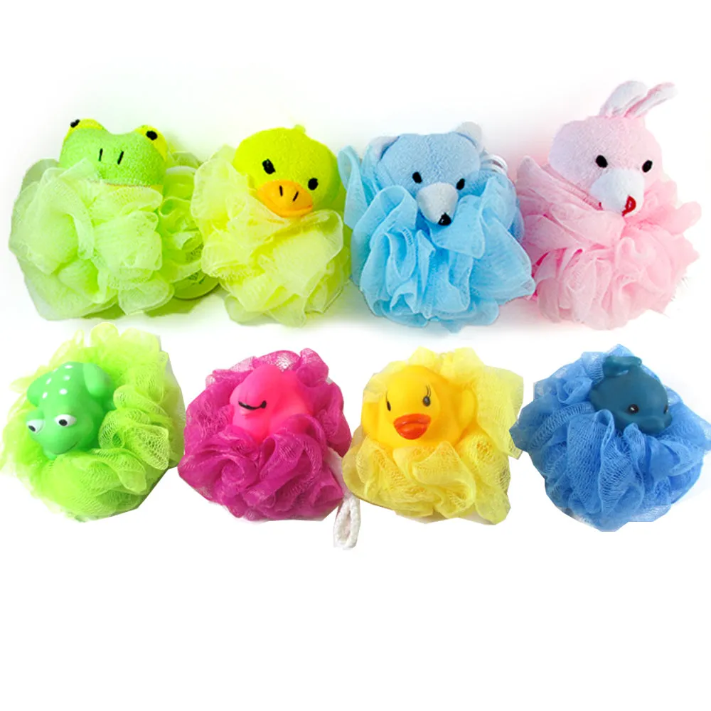 8 Kids Mesh Sponges Shower Loofah Bath Sponge with Stuffed Animal Toy Pouf Puff