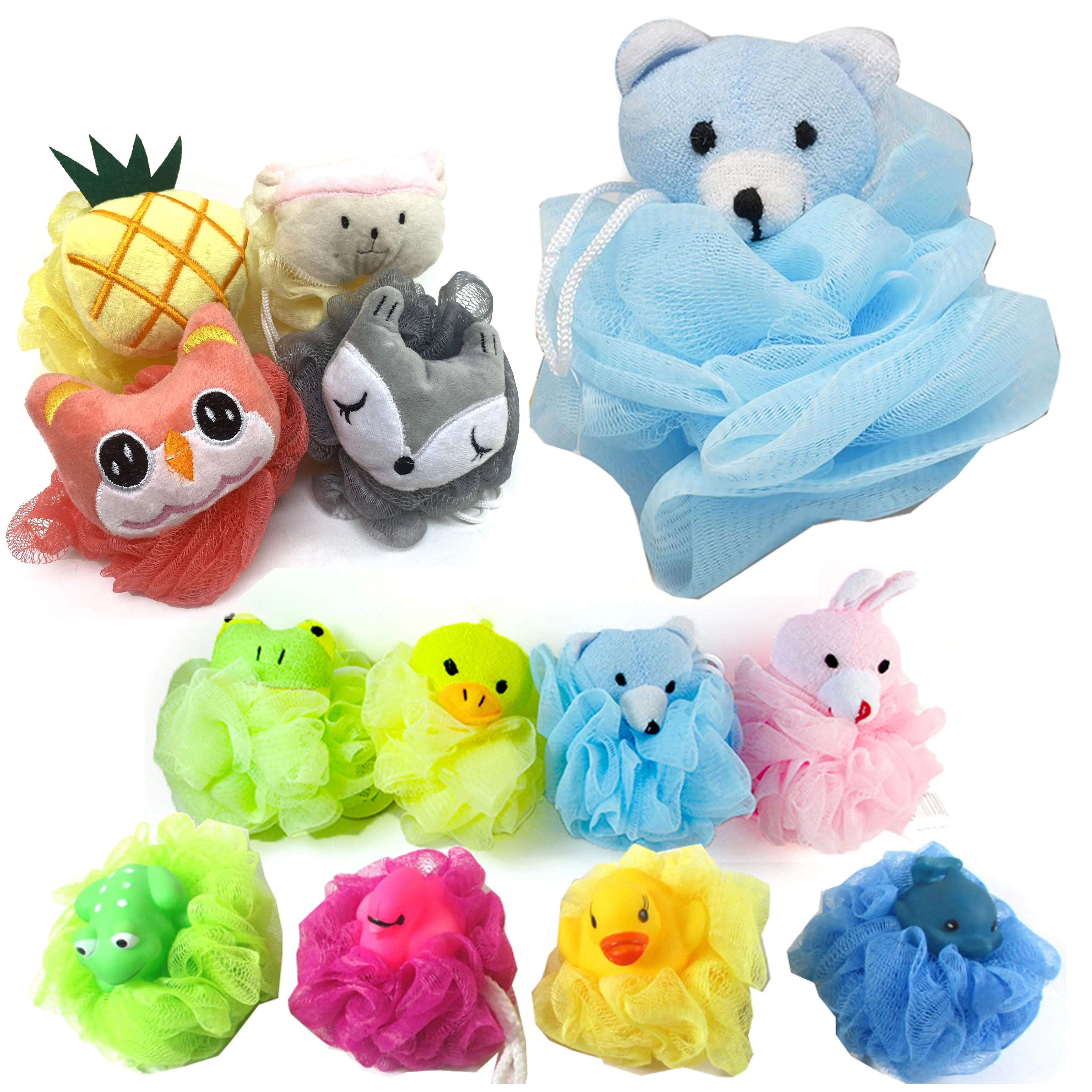 8 Kids Mesh Sponges Shower Loofah Bath Sponge with Stuffed Animal Toy Pouf Puff