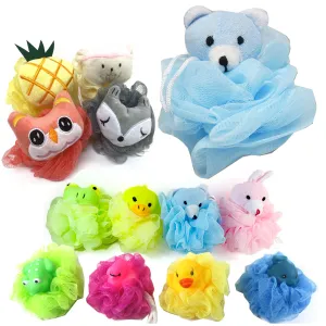 8 Kids Mesh Sponges Shower Loofah Bath Sponge with Stuffed Animal Toy Pouf Puff