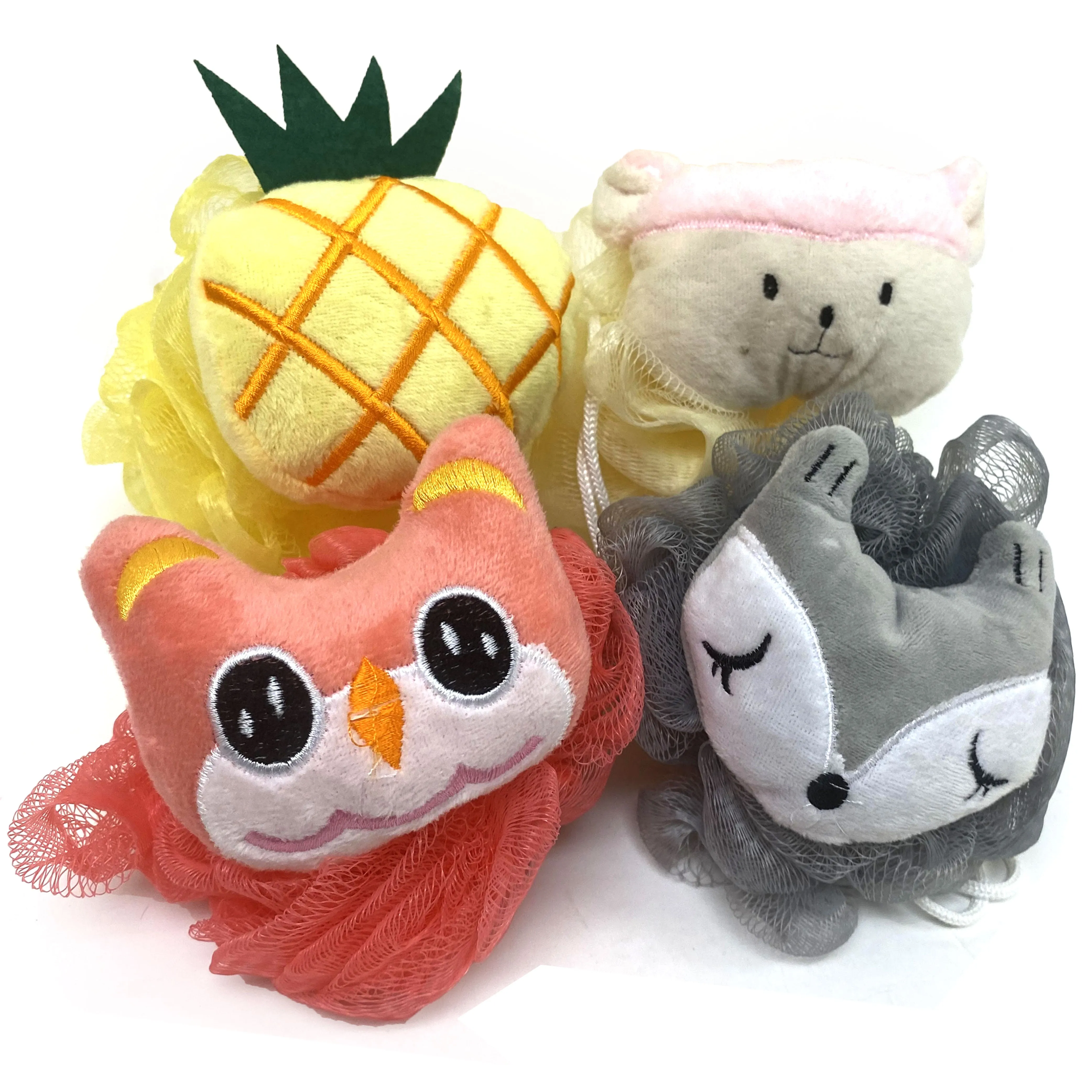 8 Kids Mesh Sponges Shower Loofah Bath Sponge with Stuffed Animal Toy Pouf Puff