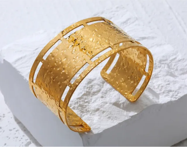 Ethnic Gold Plated Irregular Hammered Texture Cuff Bracelet