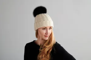 Fold-Over Ivory Cashmere Hat with Black Pom-Pom