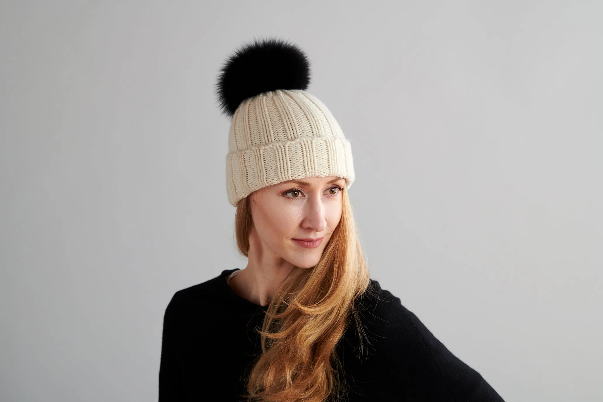 Fold-Over Ivory Cashmere Hat with Black Pom-Pom